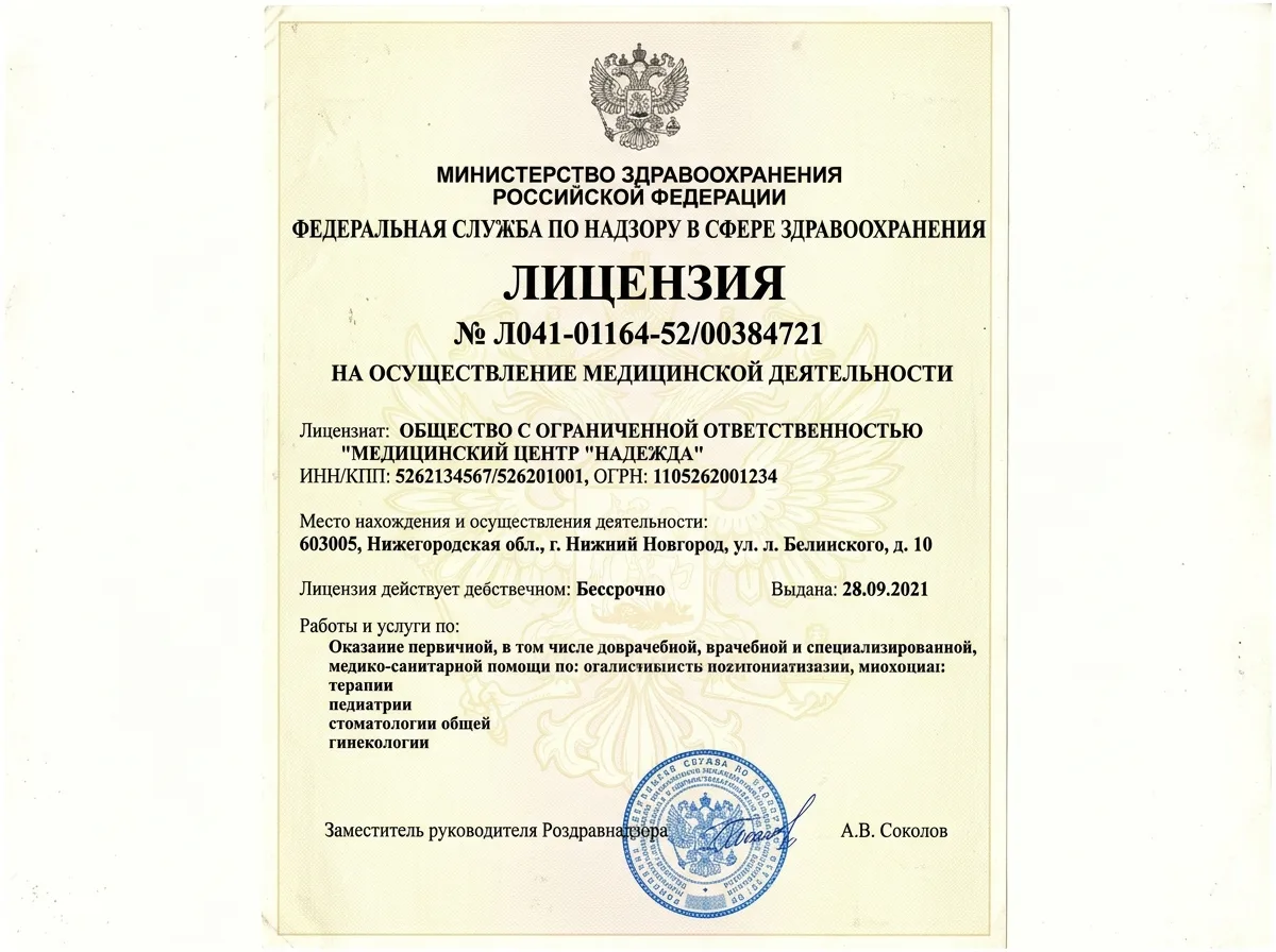 Сканированная копия лицензии на осуществление медицинской деятельности № Л041-01164-52/00384721, официальный документ Росздравнадзора на светлом фоне